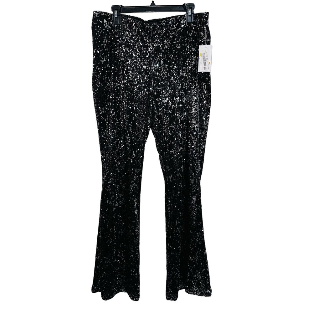 Jessica Simpson Sequin Pants Women's Plus Size 16W Black Flare Dressy Evening